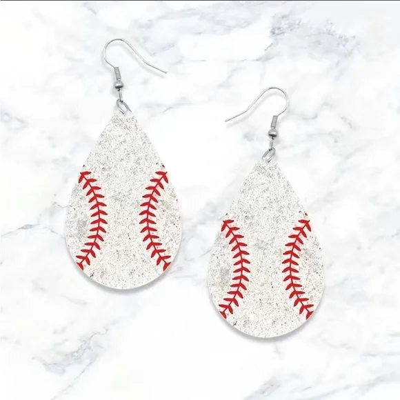 Baseball Softball Teardrop Wooden Dangle Earrings - Picture 1 of 5
